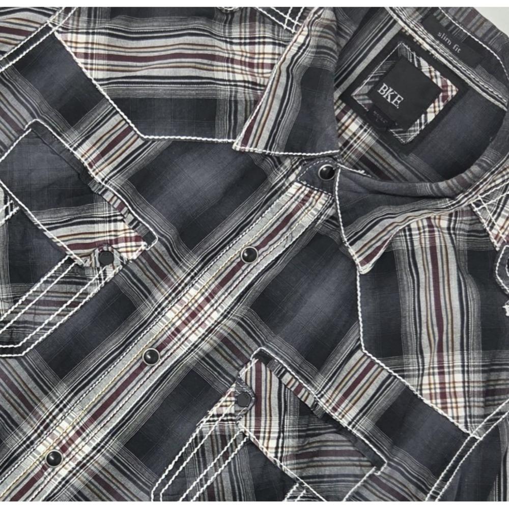 Buckle BKE Shirt Men Large‎ Gray Plaid Embroidered Pearl Snap Slim Fit